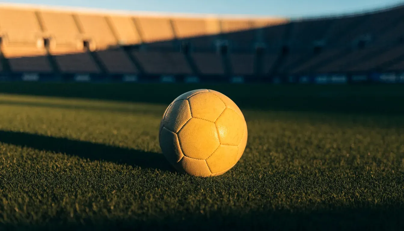 Ein Fußball liegt auf einem Rasen im Licht der tief stehenden Sonne, dahinter leere Sitzreihen.