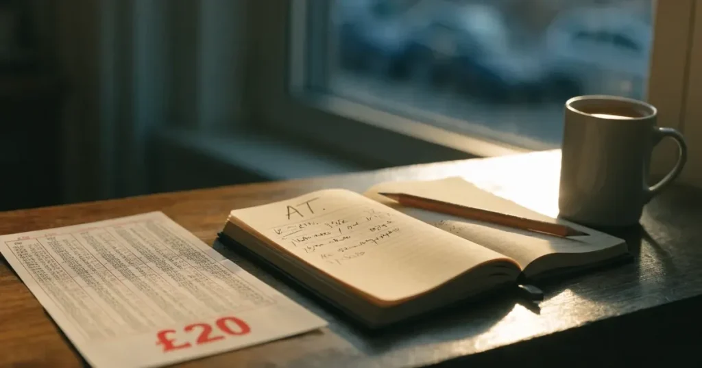 Ein Notizbuch mit handschriftlichen Notizen liegt neben einem Bleistift und einer Tasse Tee auf einem Schreibtisch am Fenster.