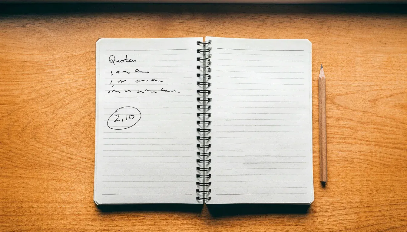 Ein aufgeschlagenes Notizbuch mit handschriftlichen Notizen liegt neben einem Bleistift auf einem hellen Holztisch.