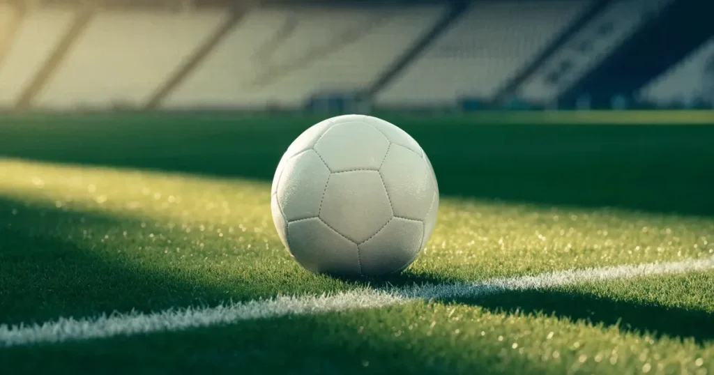 Ein Fußball liegt auf einem Rasenplatz im Morgenlicht, die Kreidelinie verläuft scharf durchs Bild, dahinter eine leere Tribüne.