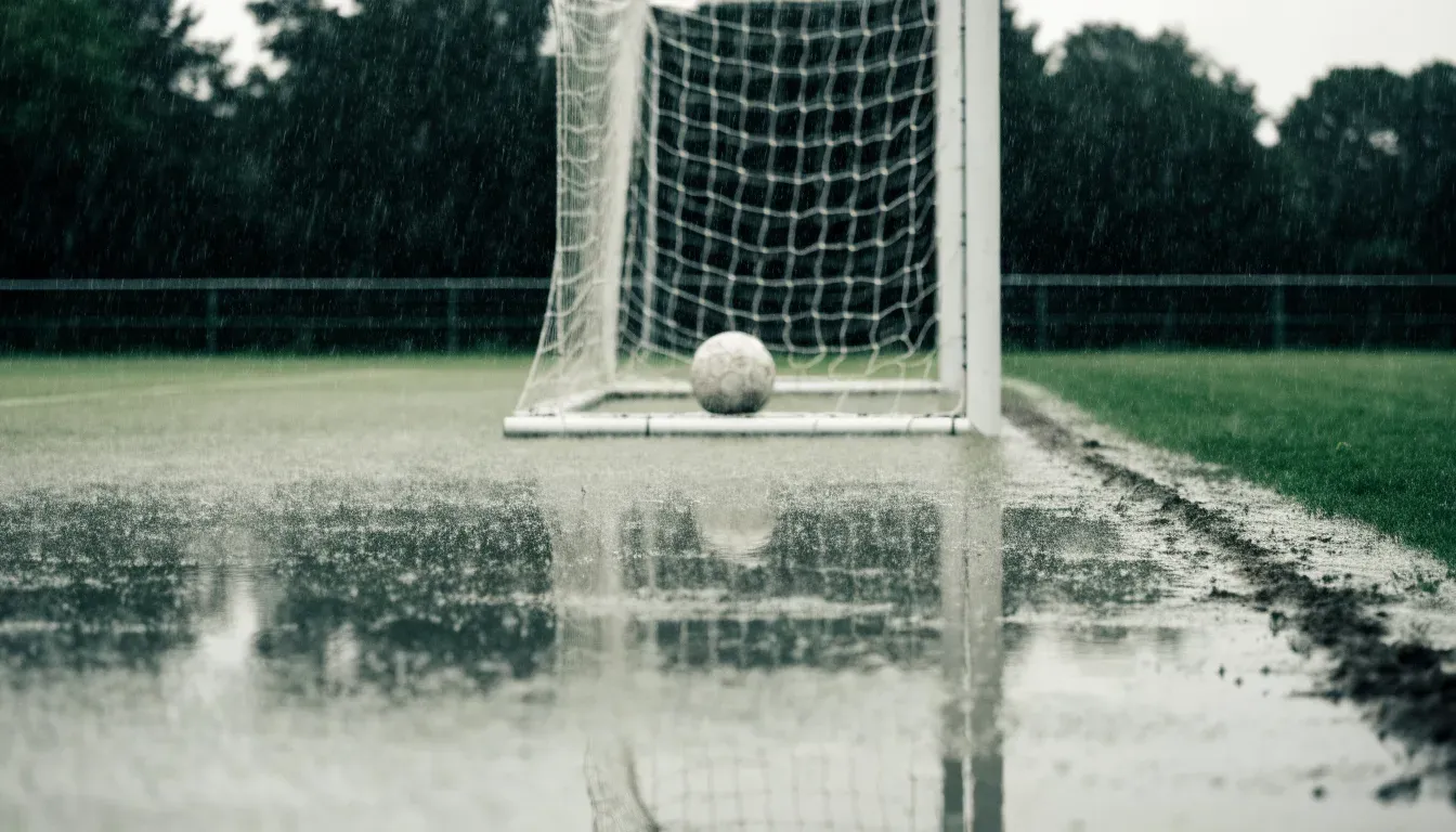 Ein Fußballtor mit Netz auf einem Trainingsplatz bei Regen, Pfützen stehen auf dem Rasen, niemand ist zu sehen.
