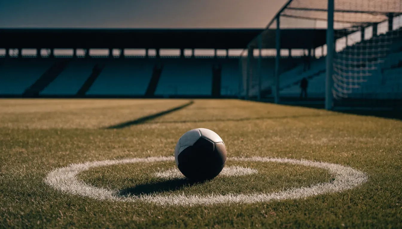 Ein Fußball liegt auf dem Elfmeterpunkt eines leeren Rasenplatzes im Abendlicht, dahinter eine ruhige Tribüne ohne Zuschauer.