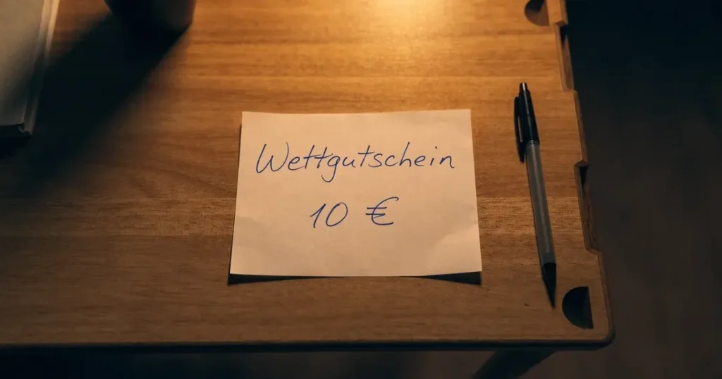 Ein leerer Wettschein aus Papier ohne Aufdruck liegt auf einem Holztisch neben einem Kugelschreiber im Licht einer Schreibtischlampe.
