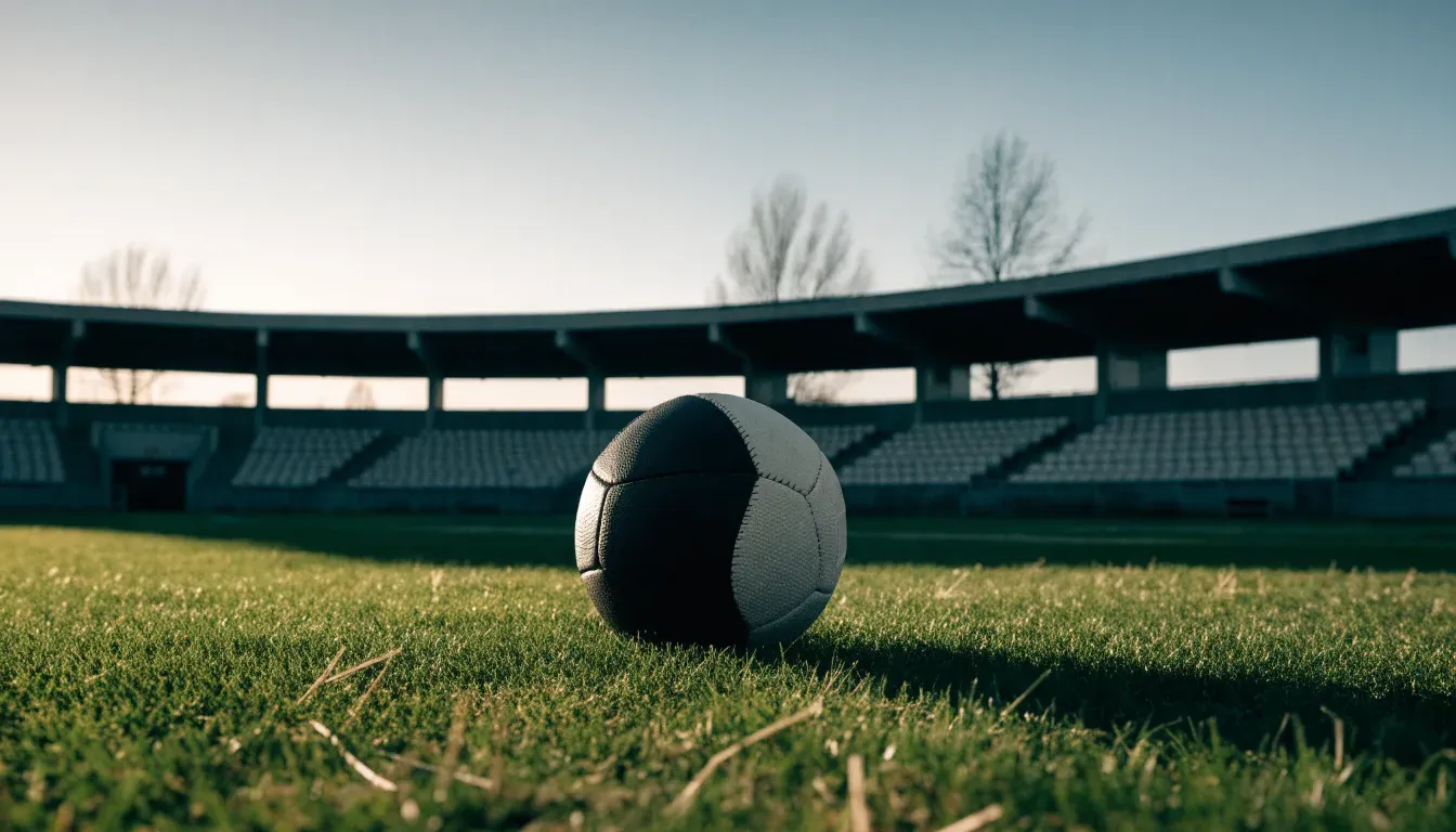 Ein Fußball liegt auf einem Rasenplatz im Morgenlicht, dahinter eine ruhige Tribüne ohne Zuschauer.