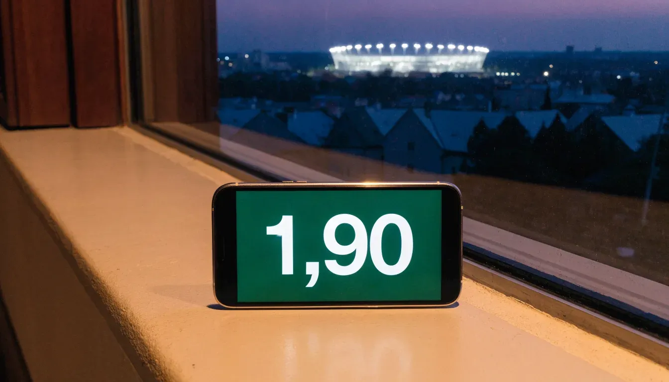 Ein Flutlichtstadion bei Dämmerung aus weiter Ferne gesehen, die Lichtmasten leuchten über Dächern und Bäumen.