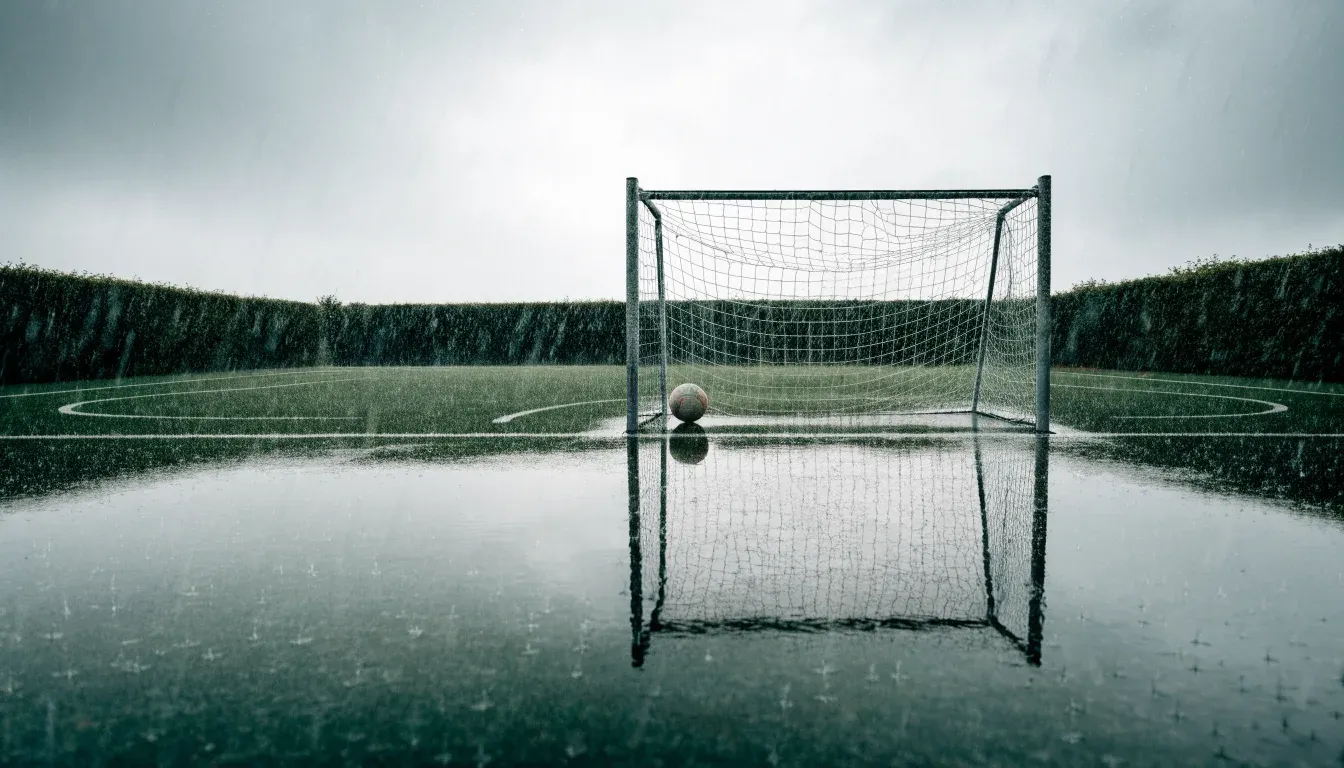 Ein Fußballtor mit Netz auf einem Trainingsplatz bei Regen, Pfützen stehen auf dem Rasen, niemand ist zu sehen.